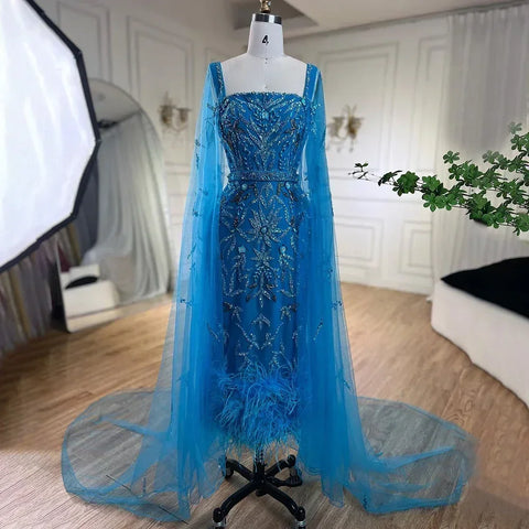 Blue Mermaid Ankle Length Feather Beaded Evening Dress Gown with Cape LA71841A