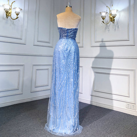 Blue Mermaid Backless Evening Dresses Gowns 2025 Luxury Beaded Elegant Detachable Skirt For Woman Party LA71665