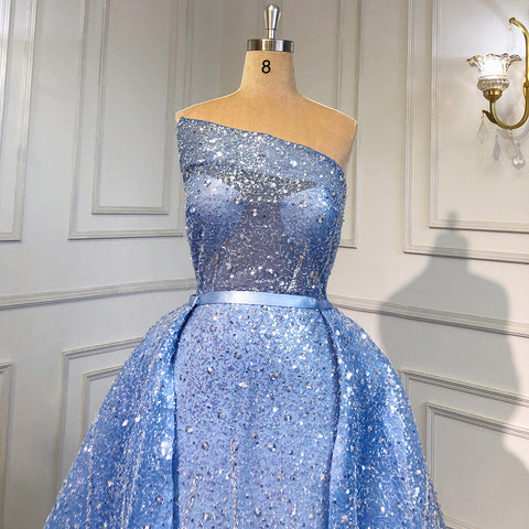 Blue Mermaid Backless Evening Dresses Gowns 2025 Luxury Beaded Elegant Detachable Skirt For Woman Party LA71665