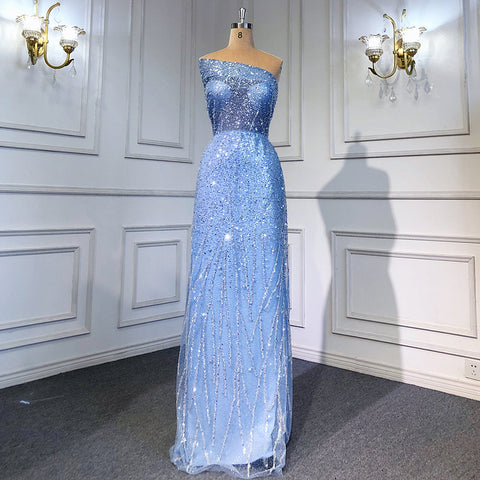 Blue Mermaid Backless Evening Dresses Gowns 2025 Luxury Beaded Elegant Detachable Skirt For Woman Party LA71665