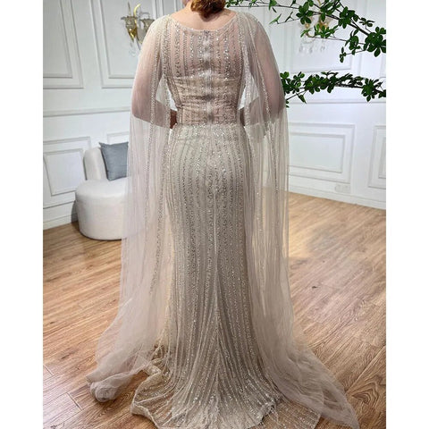 Vestido largo de noche árabe elegante con mangas de capa y cuentas, estilo sirena azul, para mujer, ideal para bodas y fiestas (2025) LA72173 