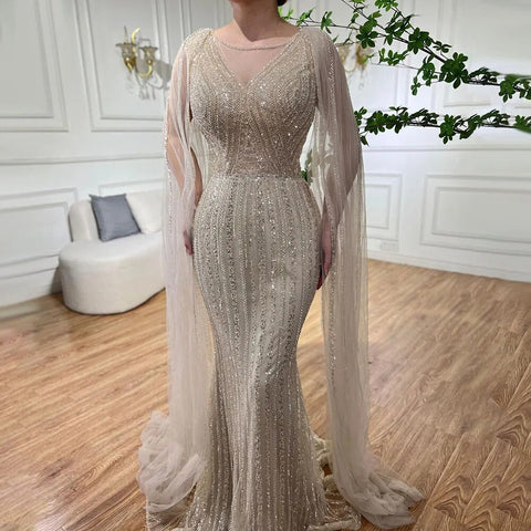 Vestido largo de noche árabe elegante con mangas de capa y cuentas, estilo sirena azul, para mujer, ideal para bodas y fiestas (2025) LA72173 