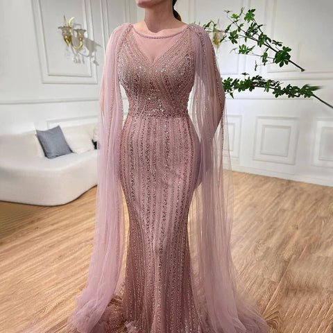 Vestido largo de noche árabe elegante con mangas de capa y cuentas, estilo sirena azul, para mujer, ideal para bodas y fiestas (2025) LA72173 