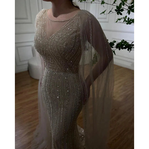 Vestido largo de noche árabe elegante con mangas de capa y cuentas, estilo sirena azul, para mujer, ideal para bodas y fiestas (2025) LA72173 