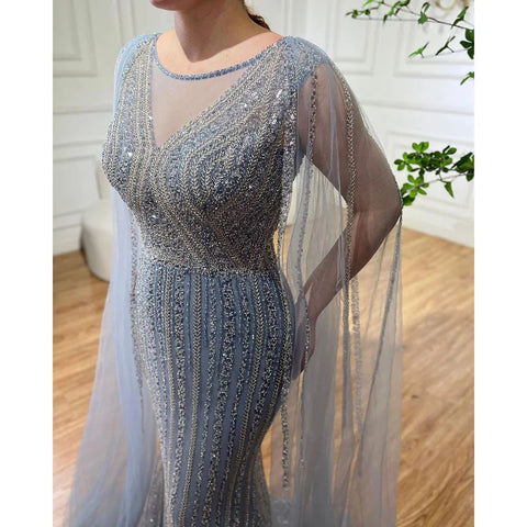 Vestido largo de noche árabe elegante con mangas de capa y cuentas, estilo sirena azul, para mujer, ideal para bodas y fiestas (2025) LA72173 