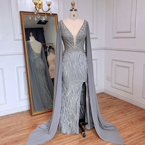 Blue Mermaid Elegant Cape Sleeves Luxury Beaded Feather Evening Dresses Gowns 2025 For Women Party LA71583A