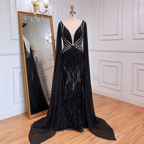 Blue Mermaid Elegant Cape Sleeves Luxury Beaded Feather Evening Dresses Gowns 2025 For Women Party LA71583A