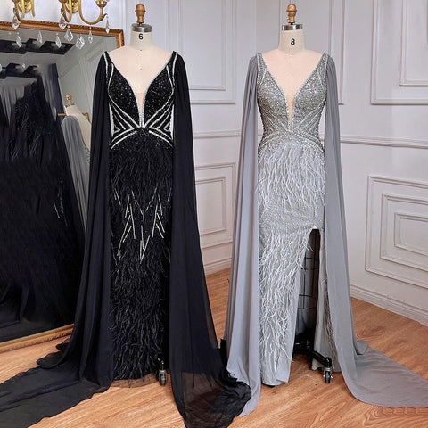 Blue Mermaid Elegant Cape Sleeves Luxury Beaded Feather Evening Dresses Gowns 2025 For Women Party LA71583A