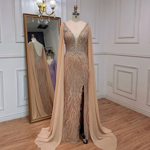 Blue Mermaid Elegant Cape Sleeves Luxury Beaded Feather Evening Dresses Gowns 2025 For Women Party LA71583A