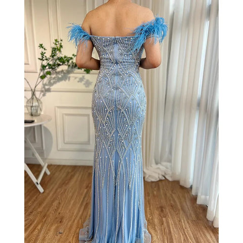 Robe de soirée sirène bleue élégante, épaules dénudées, plumes et perles, longue, pour femmes, modèle LA72028, 2025 