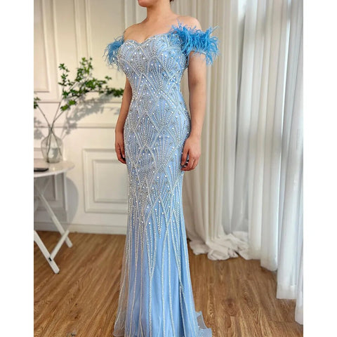 Robe de soirée sirène bleue élégante, épaules dénudées, plumes et perles, longue, pour femmes, modèle LA72028, 2025 