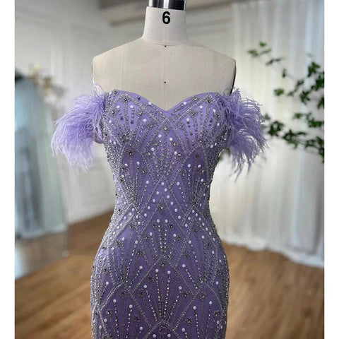 Robe de soirée sirène bleue élégante, épaules dénudées, plumes et perles, longue, pour femmes, modèle LA72028, 2025 