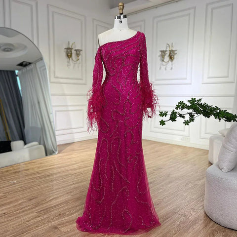 Blue Mermaid Elegant One-Shoulder Beaded Feathers Luxury Evening Dress Gown for Women's Wedding Party 2025 LA72395