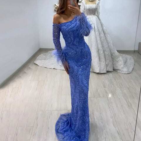 Blue Mermaid Elegant One-Shoulder Beaded Feathers Luxury Evening Dress Gown for Women's Wedding Party 2025 LA72395