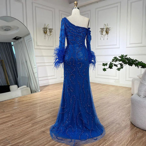 Blue Mermaid Elegant One-Shoulder Beaded Feathers Luxury Evening Dress Gown for Women's Wedding Party 2025 LA72395