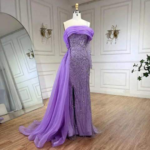 Blue Mermaid Elegant One Shoulder Evening Dresses Gowns Luxury Pearls Beaded For Women Wedding Party 2025 LA72244