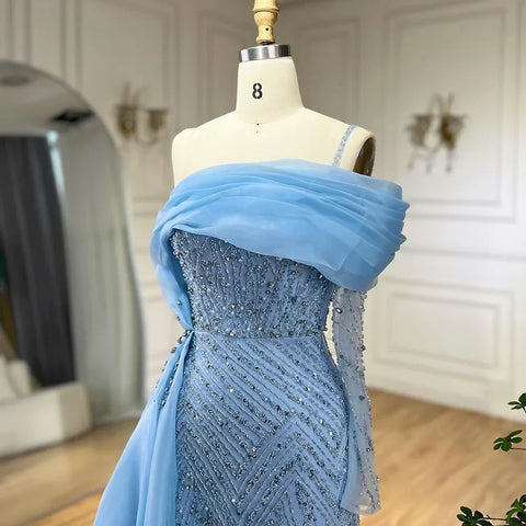 Blue Mermaid Elegant One Shoulder Evening Dresses Gowns Luxury Pearls Beaded For Women Wedding Party 2025 LA72244