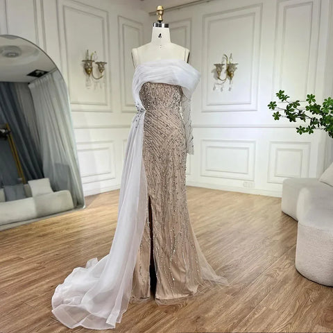 Blue Mermaid Elegant One Shoulder Evening Dresses Gowns Luxury Pearls Beaded For Women Wedding Party 2025 LA72244