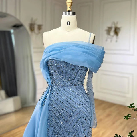 Blue Mermaid Elegant One Shoulder Evening Dresses Gowns Luxury Pearls Beaded For Women Wedding Party 2025 LA72244