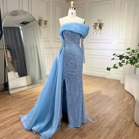 Blue Mermaid Elegant One Shoulder Evening Dresses Gowns Luxury Pearls Beaded For Women Wedding Party 2025 LA72244