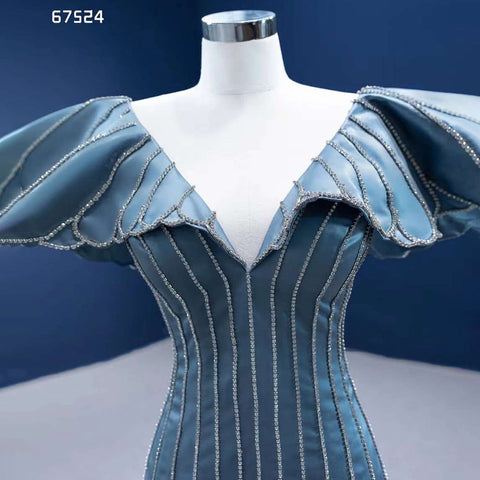 Vestidos de noche de sirena azul elegantes con escote en V, lujosos y con cuentas, para mujer, para fiestas, colección 2025, alta gama, hechos a medida, HM67524 