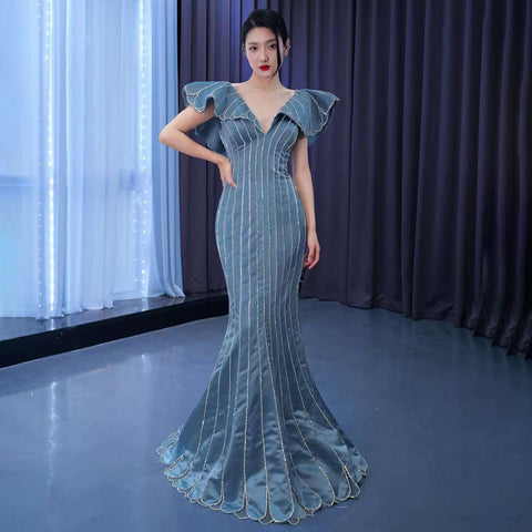 Vestidos de noche de sirena azul elegantes con escote en V, lujosos y con cuentas, para mujer, para fiestas, colección 2025, alta gama, hechos a medida, HM67524 