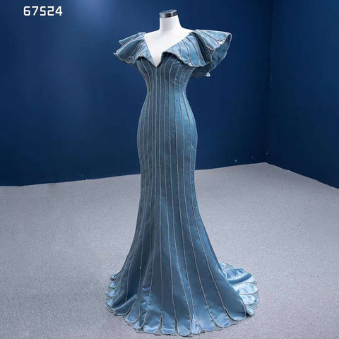 Vestidos de noche de sirena azul elegantes con escote en V, lujosos y con cuentas, para mujer, para fiestas, colección 2025, alta gama, hechos a medida, HM67524 