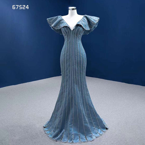 Vestidos de noche de sirena azul elegantes con escote en V, lujosos y con cuentas, para mujer, para fiestas, colección 2025, alta gama, hechos a medida, HM67524 