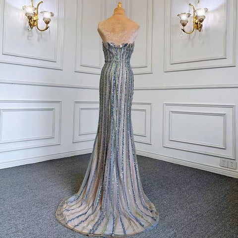 Vestido de noche elegante de sirena azul con falda, sexy, sin tirantes, con cuentas, de lujo, para mujer, para fiestas, LA71743 