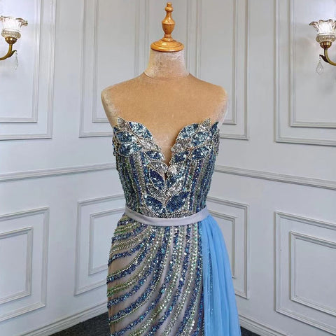 Vestido de noche elegante de sirena azul con falda, sexy, sin tirantes, con cuentas, de lujo, para mujer, para fiestas, LA71743 