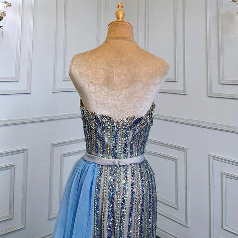 Vestido de noche elegante de sirena azul con falda, sexy, sin tirantes, con cuentas, de lujo, para mujer, para fiestas, LA71743 