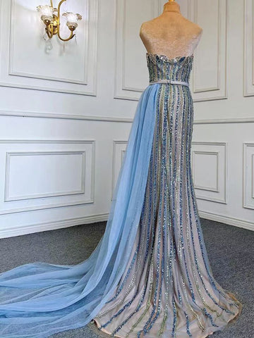 Vestido de noche elegante de sirena azul con falda, sexy, sin tirantes, con cuentas, de lujo, para mujer, para fiestas, LA71743 