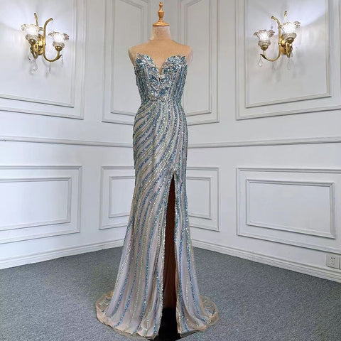 Vestido de noche elegante de sirena azul con falda, sexy, sin tirantes, con cuentas, de lujo, para mujer, para fiestas, LA71743 