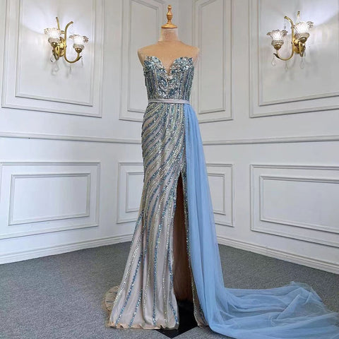 Vestido de noche elegante de sirena azul con falda, sexy, sin tirantes, con cuentas, de lujo, para mujer, para fiestas, LA71743 