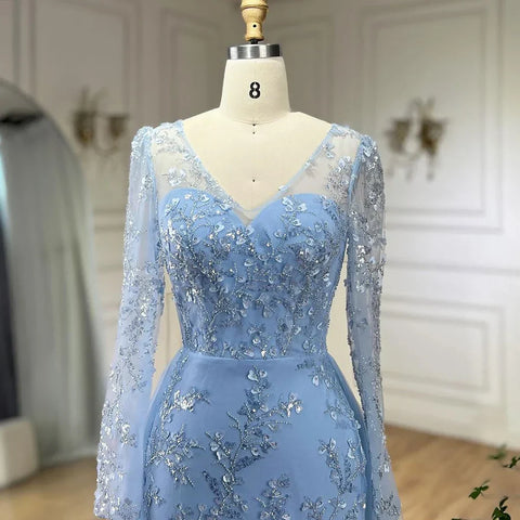Vestido de noche árabe de lujo, elegante, azul sirena, con cola y cuentas, para mujer, ideal para bodas y fiestas (2025) LA71851 