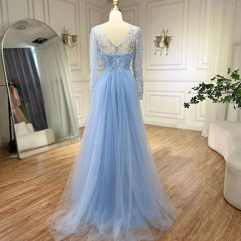 Vestido de noche árabe de lujo, elegante, azul sirena, con cola y cuentas, para mujer, ideal para bodas y fiestas (2025) LA71851 