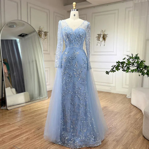Vestido de noche árabe de lujo, elegante, azul sirena, con cola y cuentas, para mujer, ideal para bodas y fiestas (2025) LA71851 