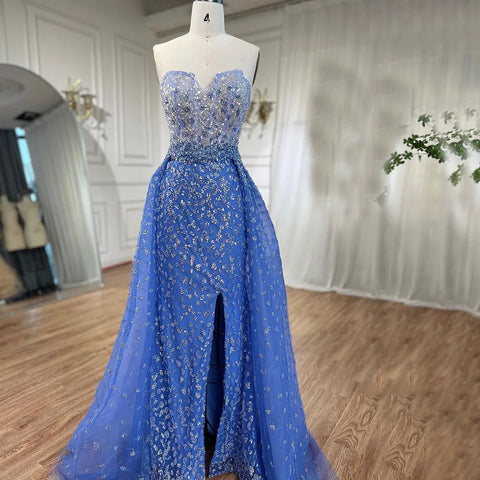 Vestido de fiesta sirena azul con abertura alta, falda, escote corazón, sin tirantes, con cuentas, para mujer, de noche, 2025 LA71796 