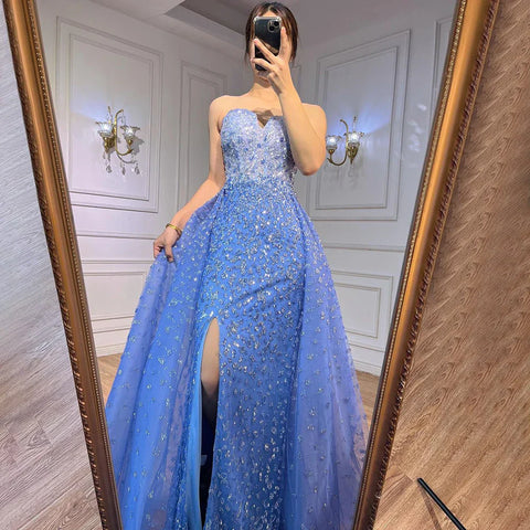 Vestido de fiesta sirena azul con abertura alta, falda, escote corazón, sin tirantes, con cuentas, para mujer, de noche, 2025 LA71796 