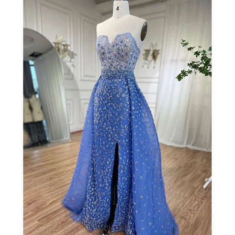 Vestido de fiesta sirena azul con abertura alta, falda, escote corazón, sin tirantes, con cuentas, para mujer, de noche, 2025 LA71796 