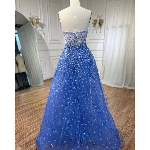 Vestido de fiesta sirena azul con abertura alta, falda, escote corazón, sin tirantes, con cuentas, para mujer, de noche, 2025 LA71796 