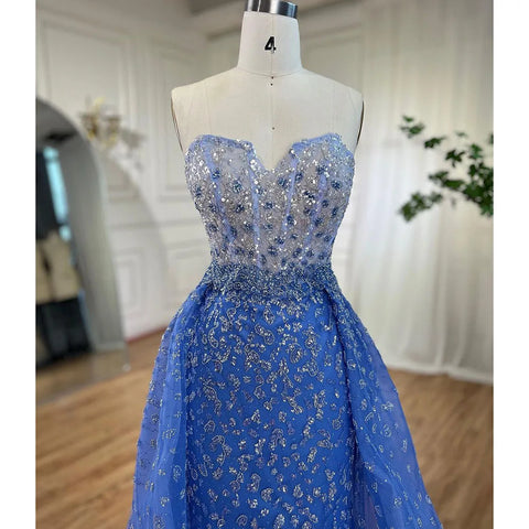 Vestido de fiesta sirena azul con abertura alta, falda, escote corazón, sin tirantes, con cuentas, para mujer, de noche, 2025 LA71796 