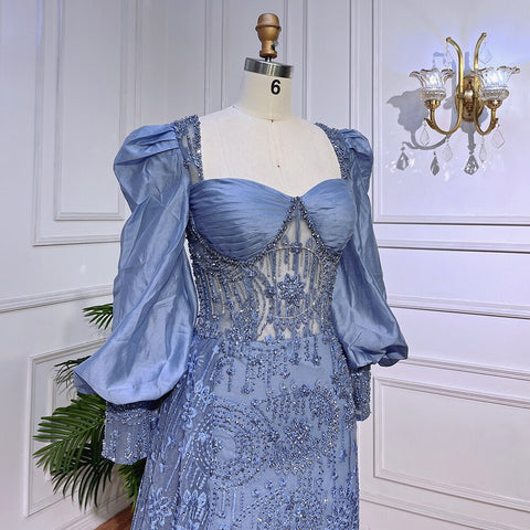Vestidos de noche formales de sirena azul con encaje y cuentas, mangas abullonadas, para mujer, vestidos de fiesta de bodas LA72034 