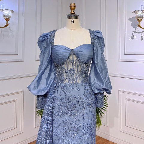 Vestidos de noche formales de sirena azul con encaje y cuentas, mangas abullonadas, para mujer, vestidos de fiesta de bodas LA72034 