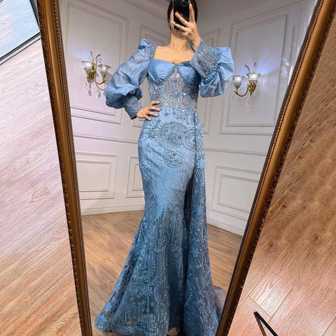 Vestidos de noche formales de sirena azul con encaje y cuentas, mangas abullonadas, para mujer, vestidos de fiesta de bodas LA72034 