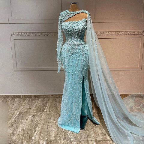 Vestido de noche de lujo para mujer, estilo sirena azul, largo, con abertura alta, perlas y cuentas, ideal para bodas y fiestas (2025) LA72268 
