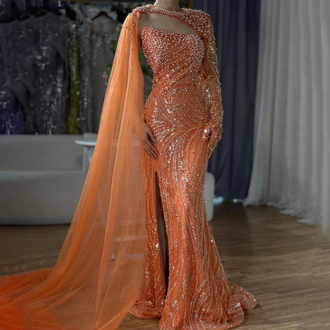 Vestido de noche de lujo para mujer, estilo sirena azul, largo, con abertura alta, perlas y cuentas, ideal para bodas y fiestas (2025) LA72268 