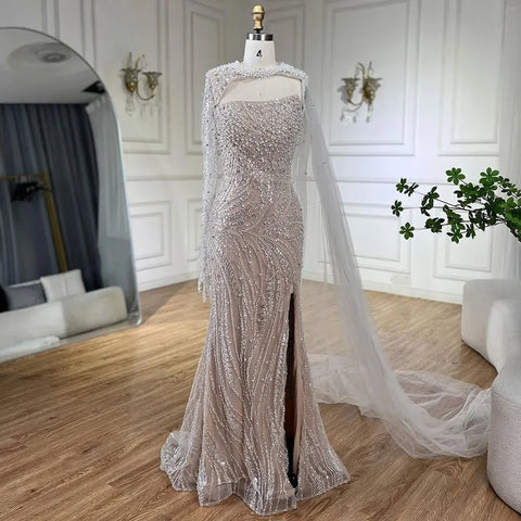 Vestido de noche de lujo para mujer, estilo sirena azul, largo, con abertura alta, perlas y cuentas, ideal para bodas y fiestas (2025) LA72268 