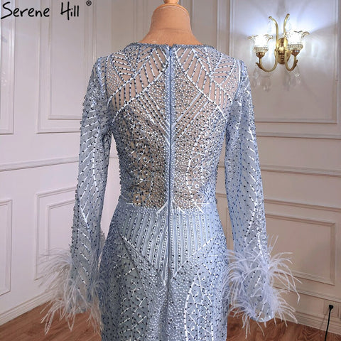 Vestidos de noche de lujo estilo sirena azul con plumas y cuentas, elegantes y lujosos para mujer, ideales para fiestas y tallas grandes (2025 LA70968) 