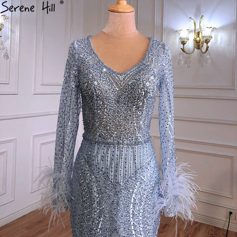 Vestidos de noche de lujo estilo sirena azul con plumas y cuentas, elegantes y lujosos para mujer, ideales para fiestas y tallas grandes (2025 LA70968) 